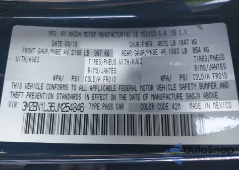 2018 Mazda Mazda3 Touring z USA, uszkodzony, nr VIN 3MZBN1L36JM254846